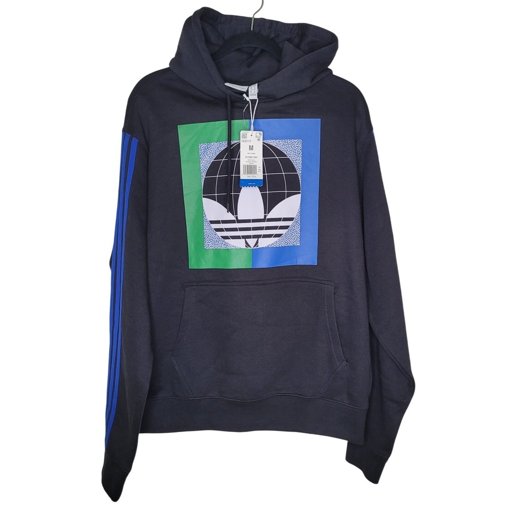 NWT adidas Globe Pullover Men's Hoodie M Black Blue Green Graphic Drawst…